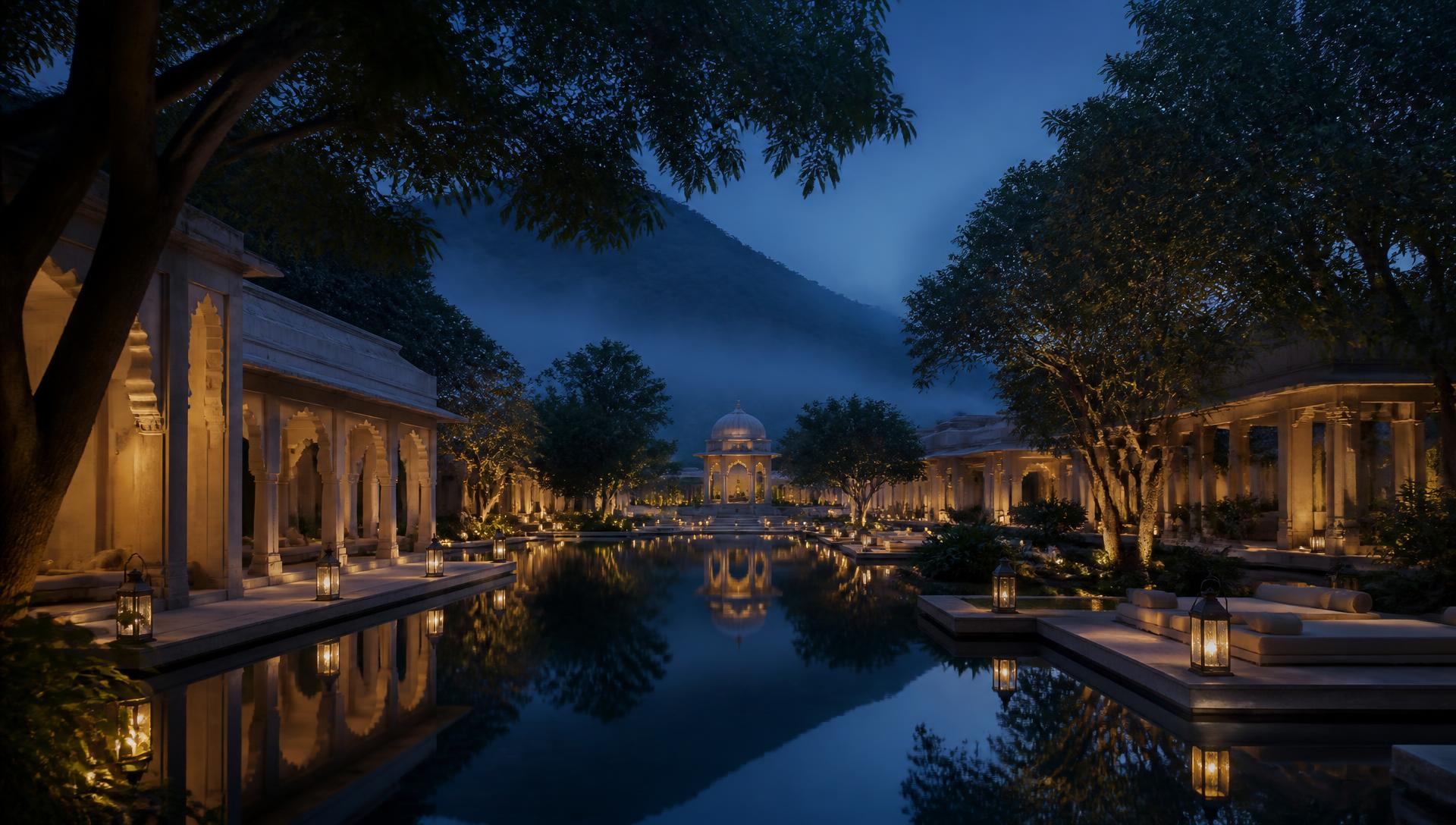 Della Resorts illuminated beside its reflecting pool